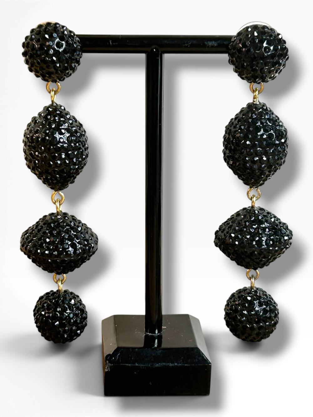 J. Crew Black Resin Bead Pave Chandelier Earrings Long Graduated Tiered Dangle